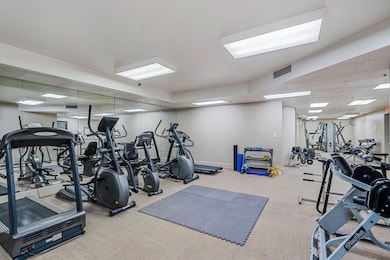 Exercise room featuring light carpet and a paneled