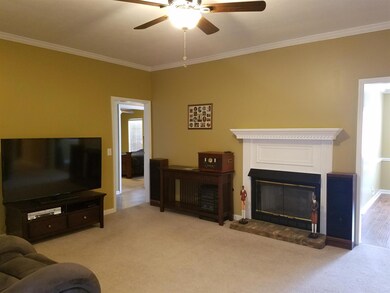 Living room with gas logs, New lighting fixtures and ceiling fans 2016