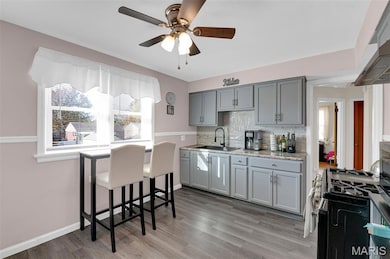 Kitchen with gray cabinets, decorative backsplash, and gas range oven