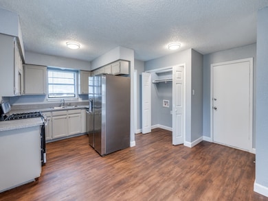 Kitchen with stainless steel appliances, light countertops, a textured ceiling, dark wood-style floors, and gray cabinets