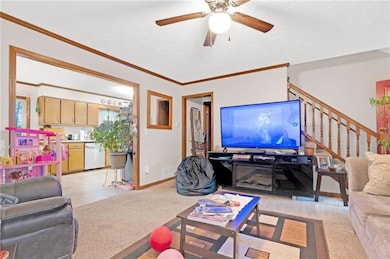 Living room featuring ceiling fan, baseboards, crown molding, stairs, and light colored carpet