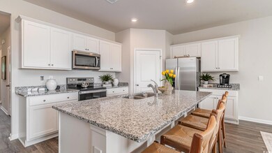 Kitchen with stainless steel appliances, a sink, dark wood finished floors, baseboards, and recessed lighting