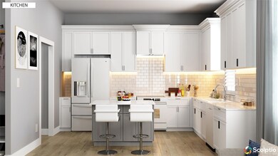 Kitchen with white fridge with ice dispenser, lig