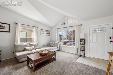 Living area featuring baseboards, vaulted ceiling, light tile patterned floors, and light colored carpet