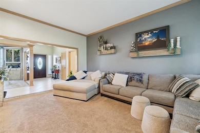 Carpeted living area with decorative columns, tile patterned floors, and ornamental molding