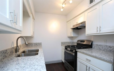 Kitchen with white cabinetry, sink, light stone co