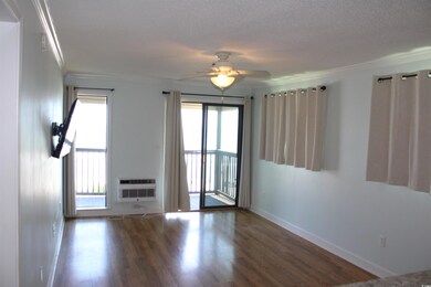 Spare room featuring crown molding, wood finished floors, a ceiling fan, baseboards, and heating unit