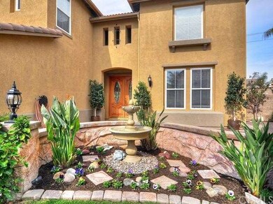 Outdoor fountain and garden area