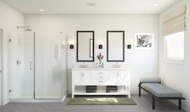 Primary bath with freestanding vanity