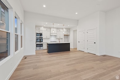 Gourmet Kitchen featuring tasteful backsplash, recessed lighting, white cabinets, light wood-style flooring, built in range, wood hood, and appliances with stainless steel finishes