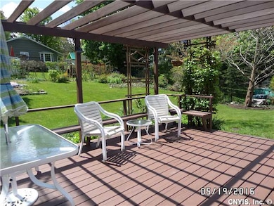 Backyard. Refinished deck with climbing hydragnea