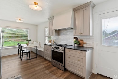 Kitchen featuring dark countertops, gray cabinetry, stainless steel appliances, premium range hood, and decorative backsplash