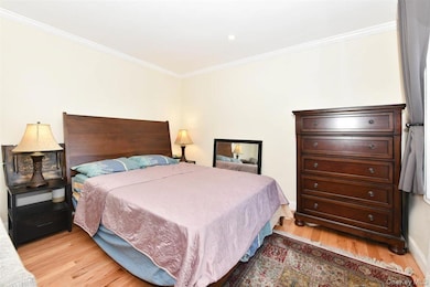 Bedroom with crown molding and light wood finished floors