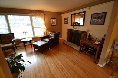 Living room with wood burning fireplace