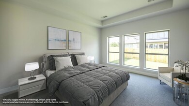 Carpeted bedroom with a tray ceiling and baseboar