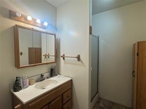 Bathroom featuring vanity and a stall shower