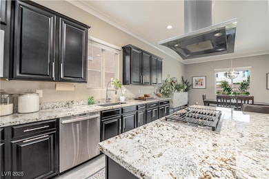 10 ft ceilings! Kitchen featuring ornamental molding, dark custom cabinets, light granite counters, exhaust hood, and stainless steel appliances.