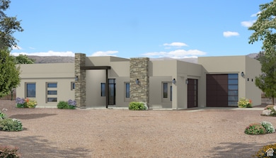 Contemporary house featuring stucco siding, a garage, and stone siding - Home estimated completion is Sept