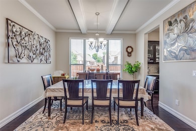 Large dining room with beamed ceiling