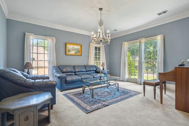 Living room with crown molding, light colored carp