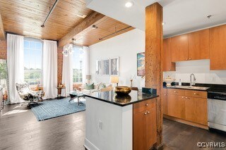 Kitchen featuring dark wood-style floors, dishwash