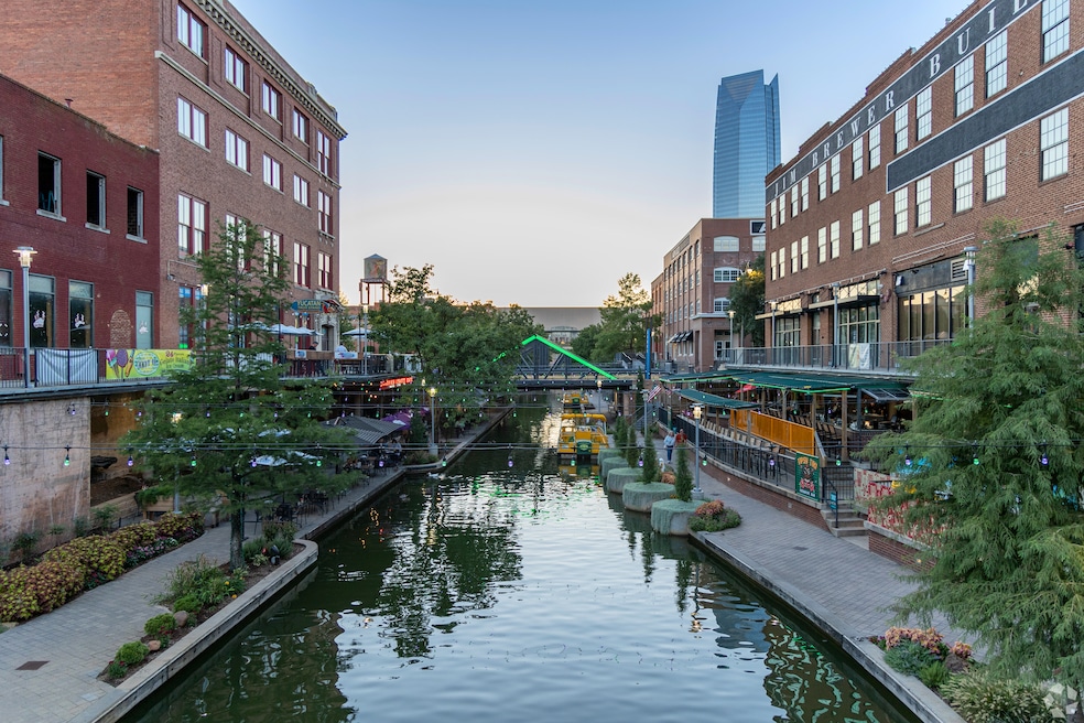The sun begins to set against the Oklahoma City skyline in Bricktown. (Richard Waltemath/CoStar)