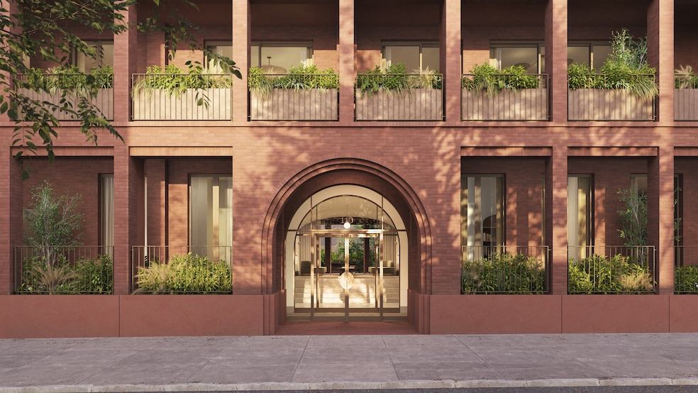 An artist's rendering shows the front door entrance of what will be 110 Boerum Place, a condominium in Brooklyn, New York. (Avdoo)