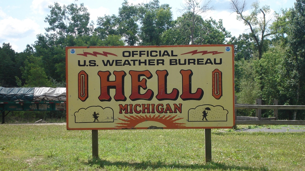 A sign on County Highway D-32 in Hell, Michigan. Hell was founded in 1838. (Sswonk/Wikimedia Commons) 