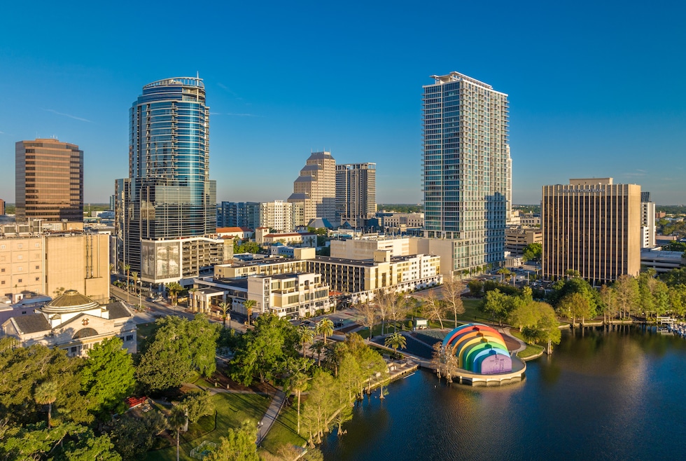 Aerial view of the skyline of Orlando, Florida, over Lake Eola. (Jay Welker/CoStar)