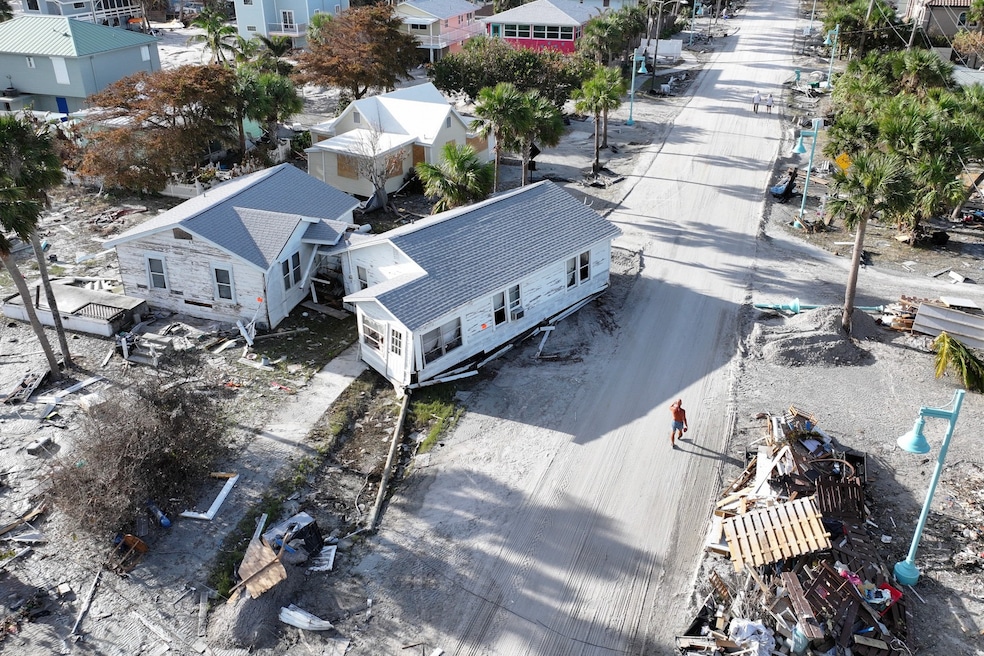 This is an aerial view of a home sitting on a road in Manasota Key, Florida, after Hurricane Milton hit in October 2024. (Getty Images)