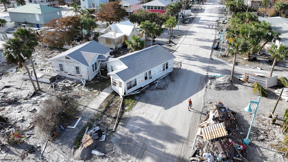 An aerial view of a home sitting on a road on Oct. 13 in Manasota Key, Florida, after Hurricane Milton made landfall as a Category 3 storm. (Joe Raedle/Getty Images)