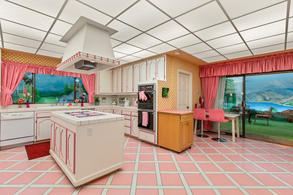 The kitchen is striking, as is the view out the windows of murals depicting places that were special to the builder. (Rooted Elements Media)