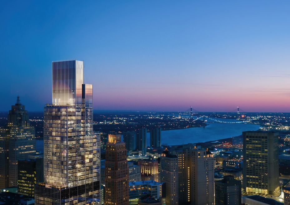 A rendering of The Detroit Edition building, part of Hudson's Detroit. (CoStar)