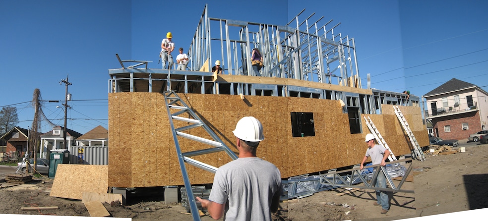 Students with URBANbuild at Tulane University in New Orleans get hands-on experience building a house. (URBANbuild/Tulane University School of Architecture and Built Environment)