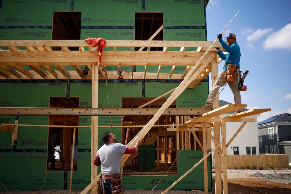 Contractors work on a housing project in Louisville, Kentucky in in 2020. (Luke Sharrett/Bloomberg via Getty Images)