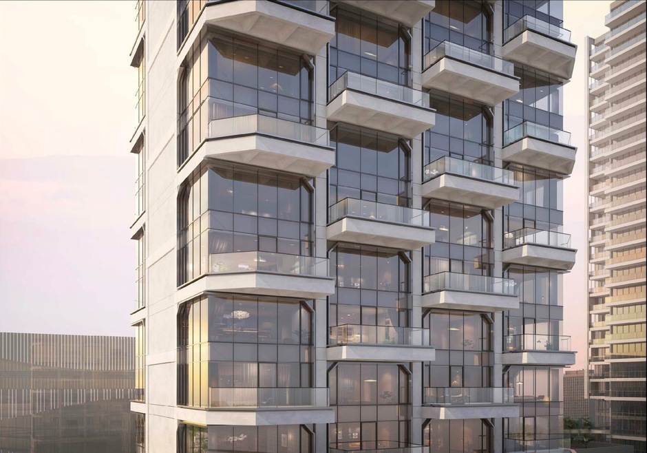 An artist's rendering shows the facade of what condominium tower 95 Rockwell Place will look like when it is complete. (Charney Cos.)