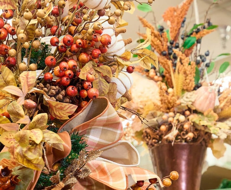 Fall decorations call on the natural colors of the season. (Decorator's Warehouse)