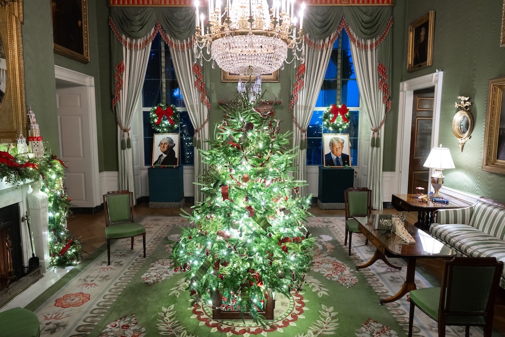 For the holidays, the White House's Green Room, seen here, focuses on games such as Dominos, Sorry and Legos, the latter turned into portraits of Presidents George Washington and Donald Trump. (Getty Images)