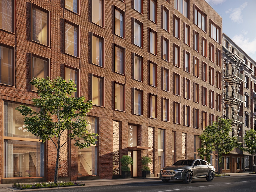 An architectural rendering shows the facade of the forthcoming Linden Lane condominium complex in Manhattan, New York. (VMI Studio)
