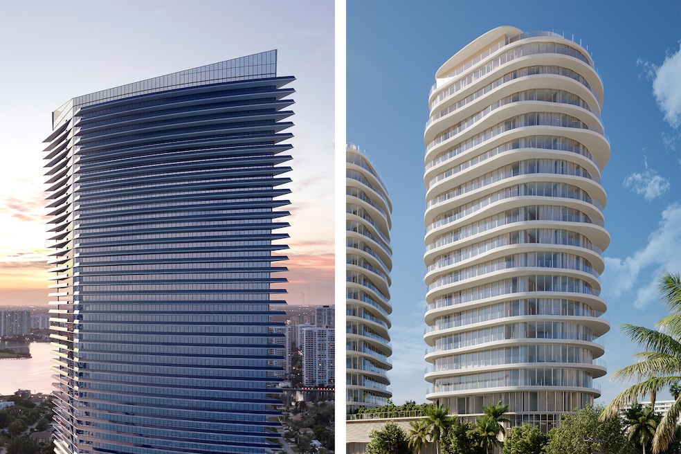 Armani was involved in the design of high-rises in Sunny Isles, Florida (at left), and in nearby Pompano Beach, Florida (at right). (Dezer Development and The Related Group; Armani/Casa Residences Pompano Beach)