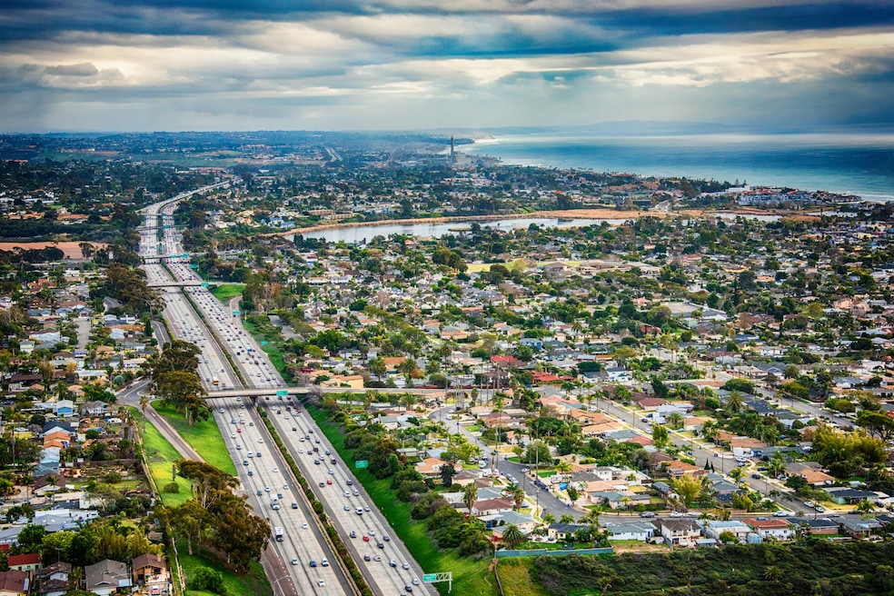 Aerial view of the cities of Carlsbad and Oceanside and Interstate 5 in San Diego County, California. (Art Wager/Getty Images)
