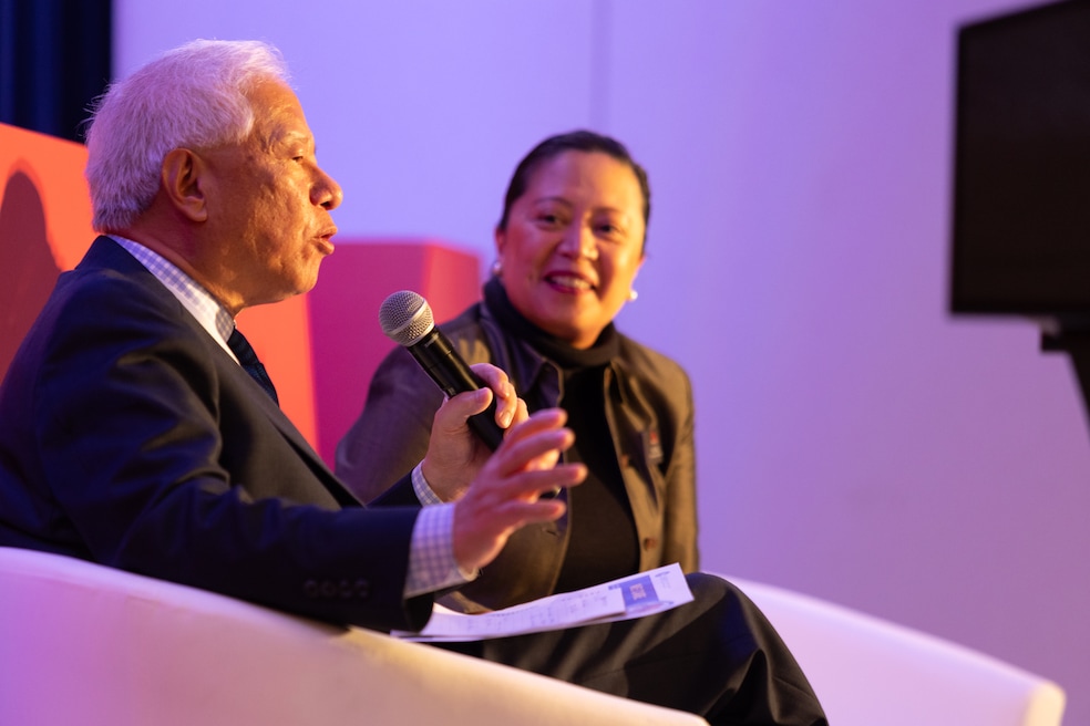 Hope Atuel, CEO of the Asian Real Estate Association of America, moderates a session at the group's 2024 housing summit with Clayton Fong, CEO of the National Asian Pacific Center on Aging.
