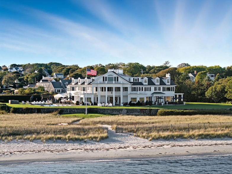 The property includes 410 feet of beach fronting on Hyannis Harbor.(New England Drone Tours)