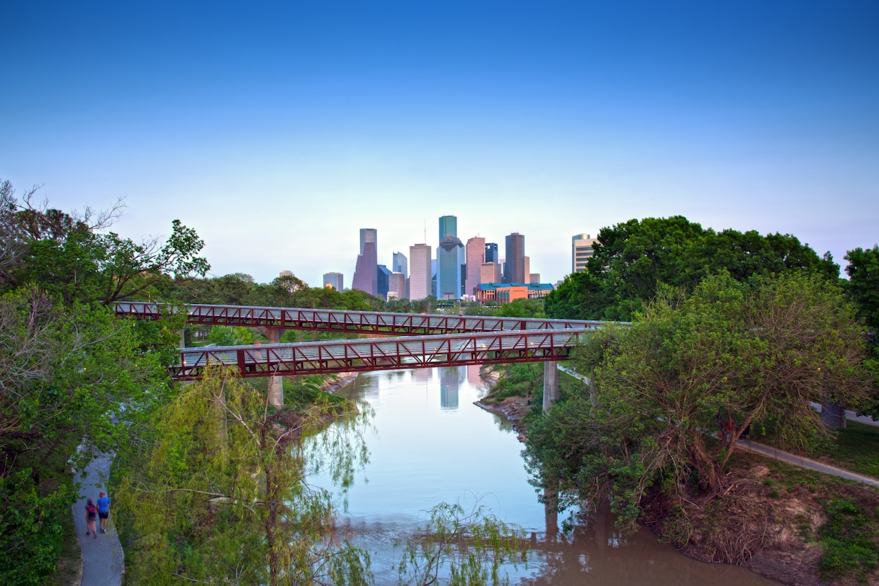 A view of the Houston skyline from Urban Buffalo Bayou Park and its Rosemont Pedestrian Bridges. (Getty Images)