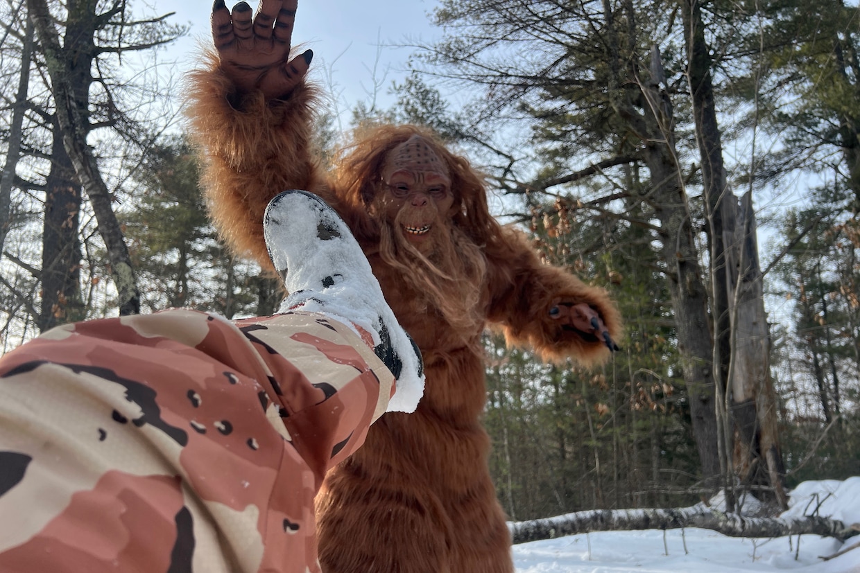 Real estate agent Orion Moquin dressed up as Bigfoot, above, to attract attention to a vacant property listing in Waterboro, Maine. (Colin Amidon/Real Broker)