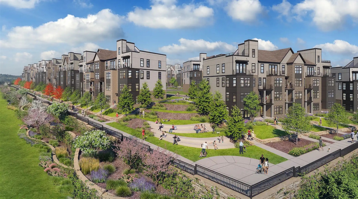 A rendering of townhouses in The Promenade section of The Aire at Westchester that is expected to overlook the existing nearby shopping center. (HHHunt)