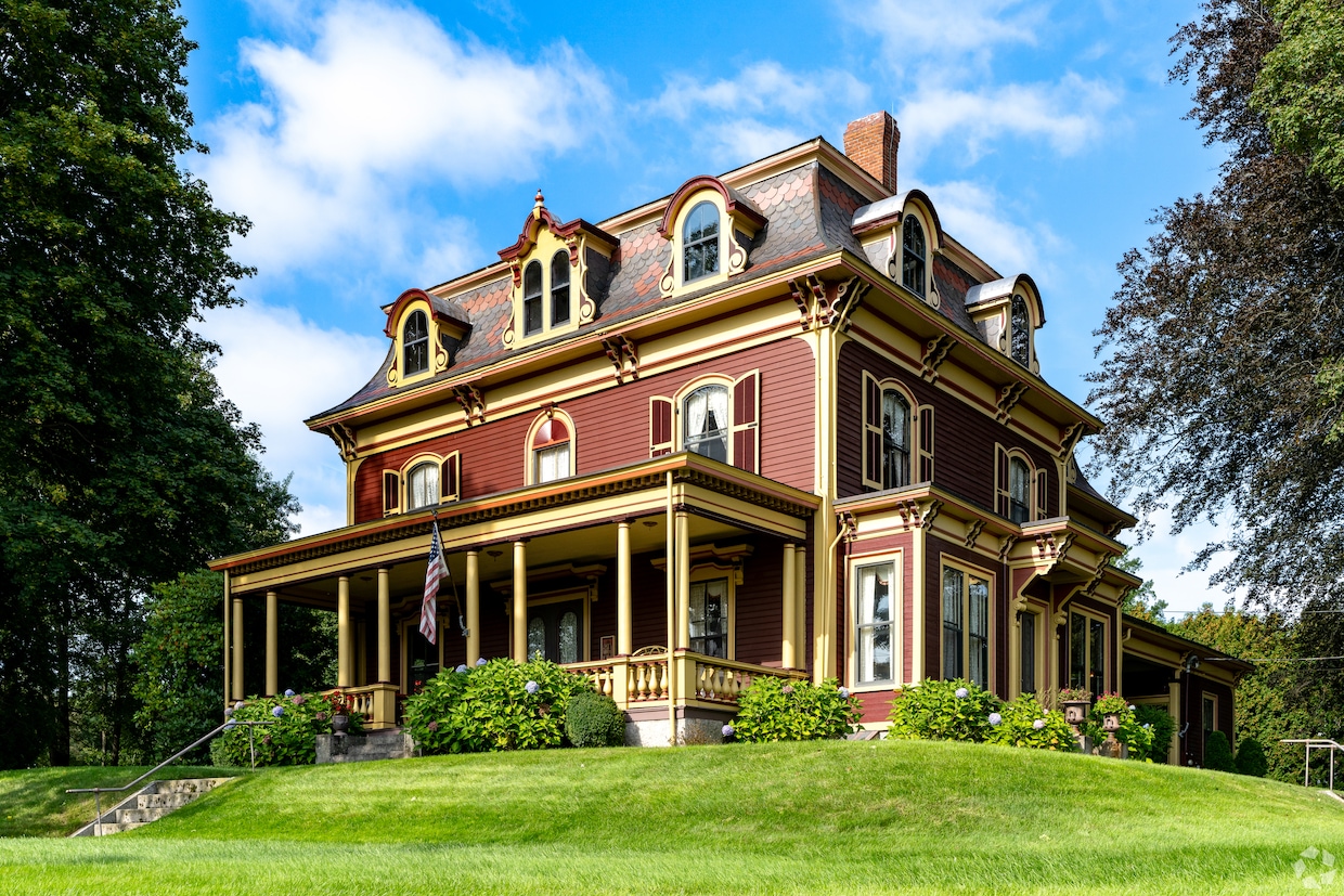 A Second Empire home sits on the crest of a hill in Hopedale, Massachusetts. (Matthew Stott/CoStar)