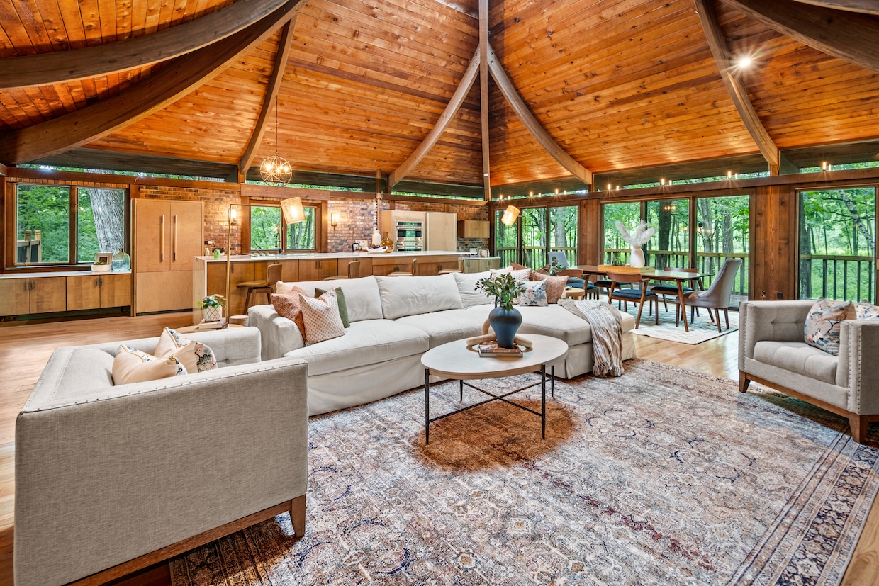 The home at 8500 N River Road in Milwaukee has three structures, each with a curved vaulted ceiling. (Keller Williams Realty)