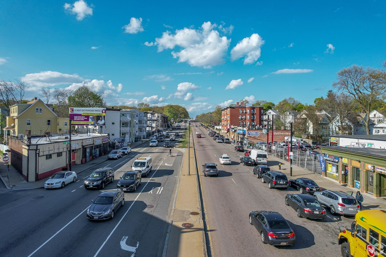 This section of Blue Hill Avenue sits a few blocks north of a planned 30-condo affordable housing project. (Anhella Sanchez/CoStar)