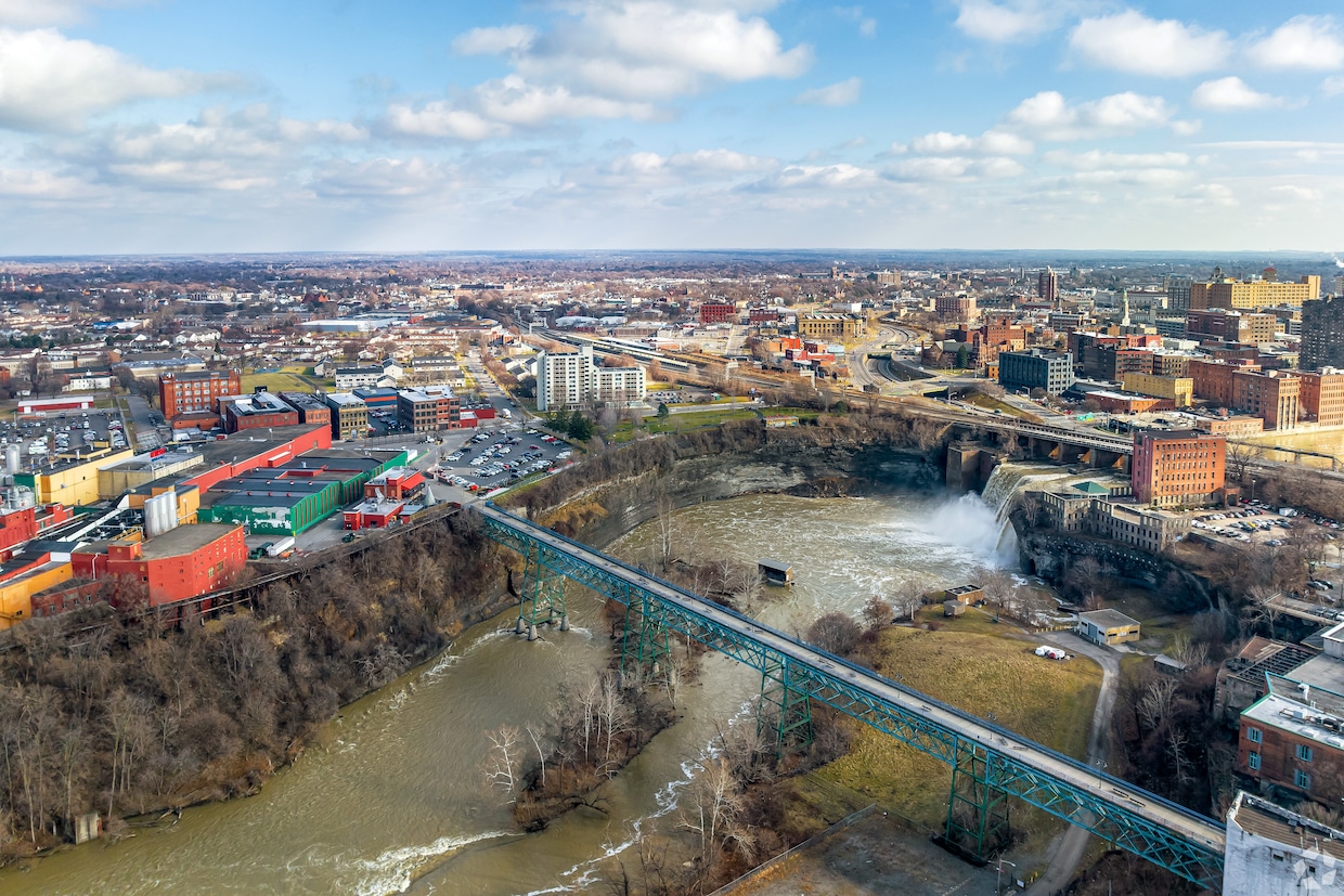 A drone view of the Upper Falls neighborhood in Rochester, New York — which is slated to have 22 new single-family homes in 2027. (CoStar)